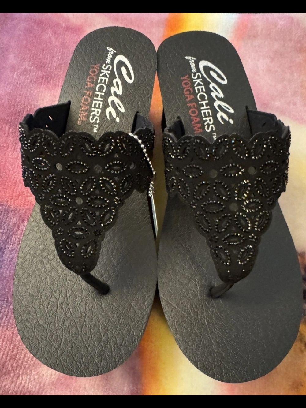 Skechers CALI Black Beaded Lace Wedge Toe-Post Sandals
